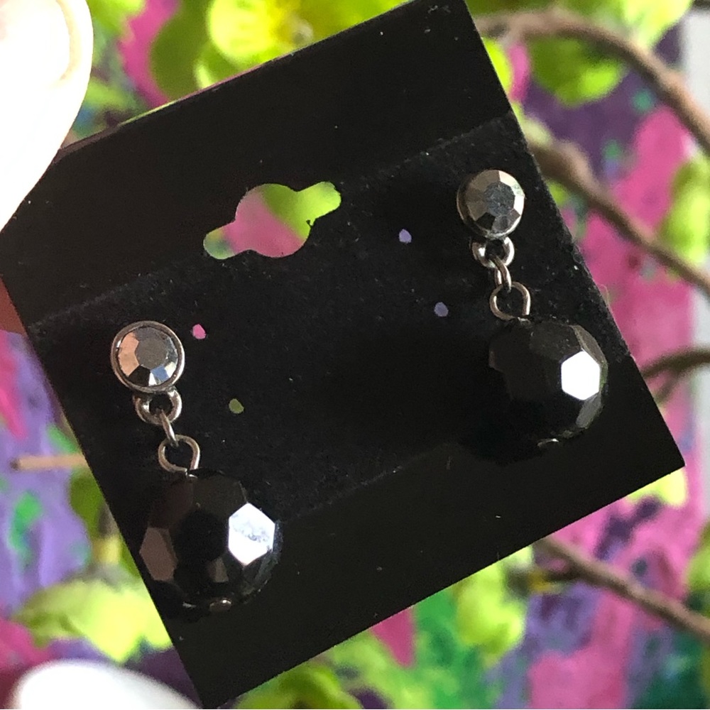 Vintage faceted black glass crystal chrome rhinestone dangle earrings